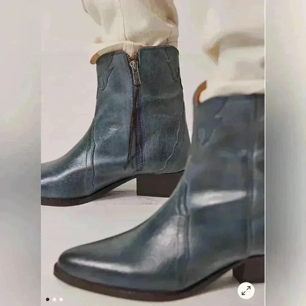 NEW Free People New Frontier Leather Block Heel Western Booties Size US 8.5M